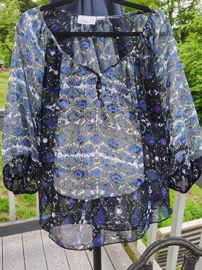 Sheer Peasant Blouse Emma G Boho Abstract Geometric  Blue Purple Black
